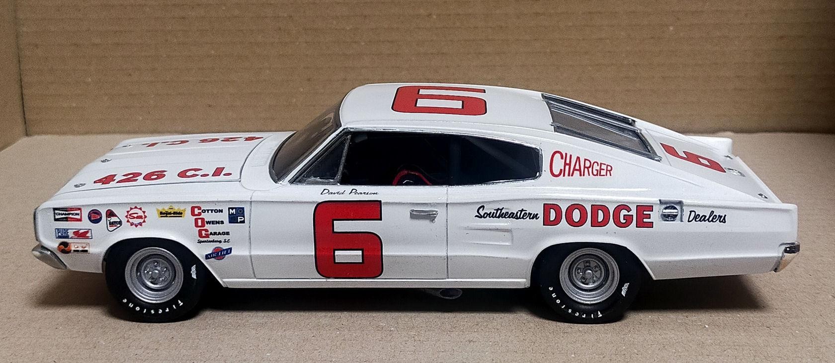 Detailed view of a 1966 Dodge Charger NASCAR model car showcasing custom build details.