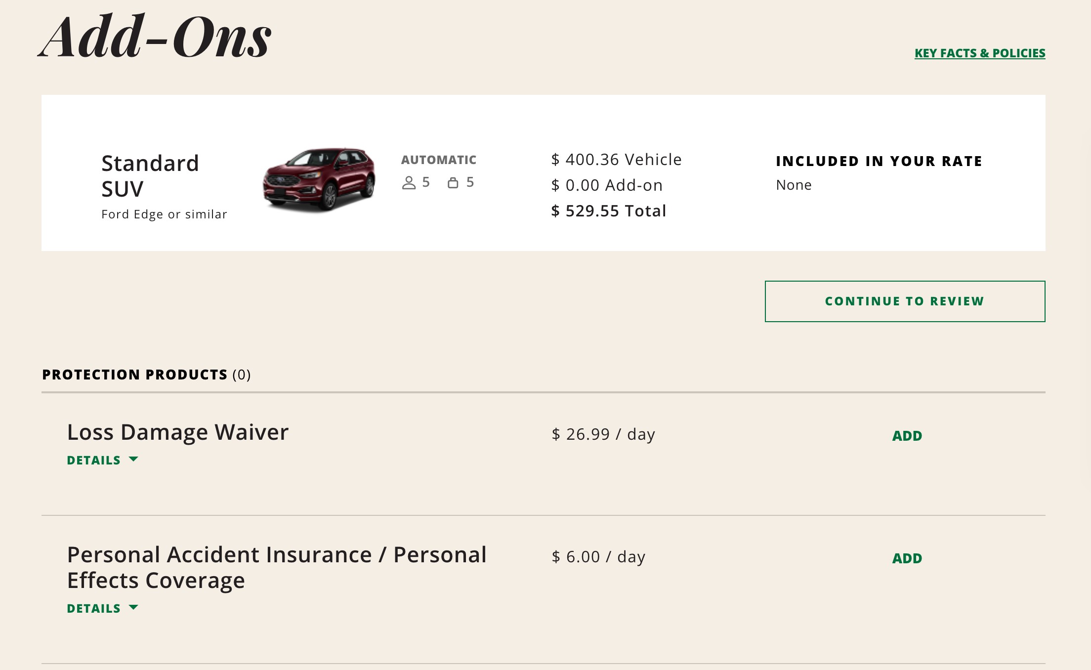 National Car Rental Add-ons Selection Screen