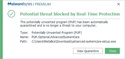 Malwarebytes real-time protection blocking the installation of Advanced System Care potentially unwanted program