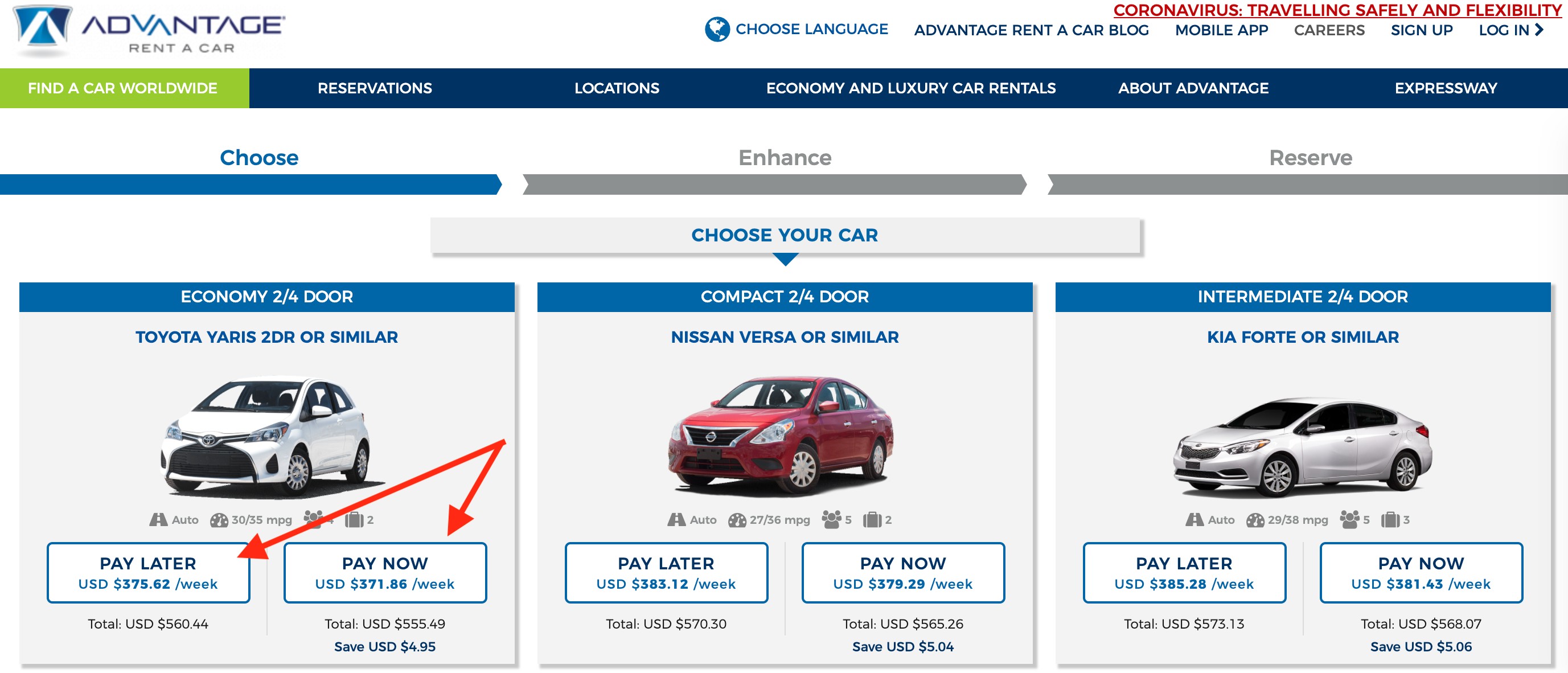 Advantage Car Rental Pay Now and Pay Later Pricing Options