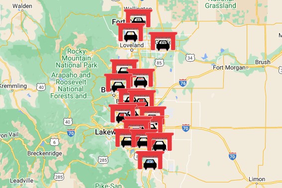 Map of Air Care Colorado Emission Testing Locations across the Front Range highlighting station distribution and accessibility.