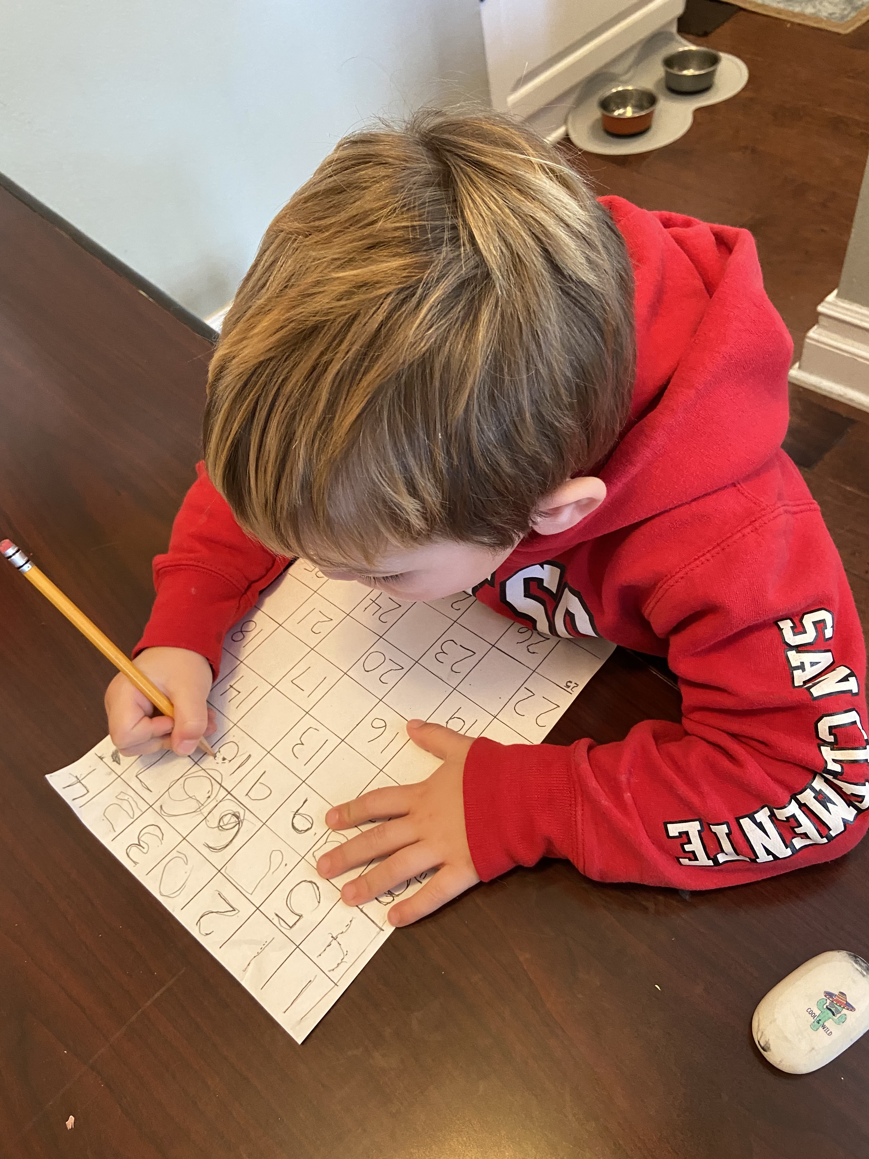 Boy concentrating on a math activity, developing problem-solving skills at Ardenwald Preschool