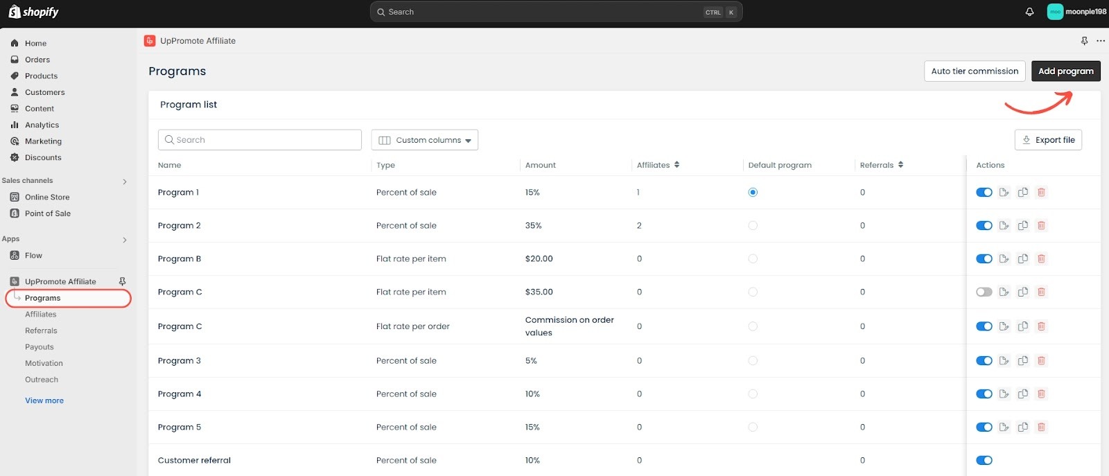 UpPromote dashboard interface for adding affiliate programs and setting commission tiers