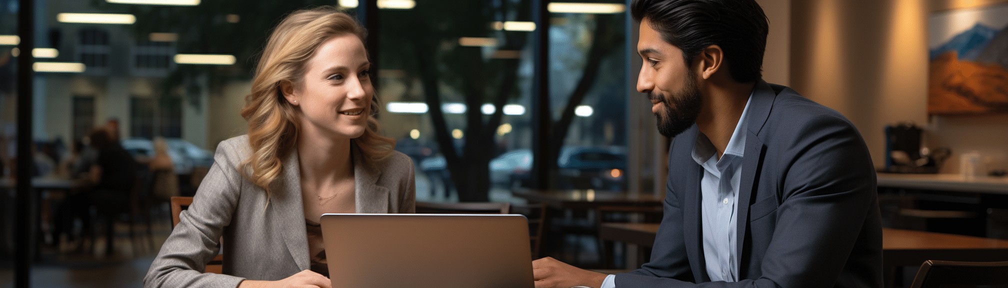 Woman in glasses smiles and points at laptop screen during a career counseling session.