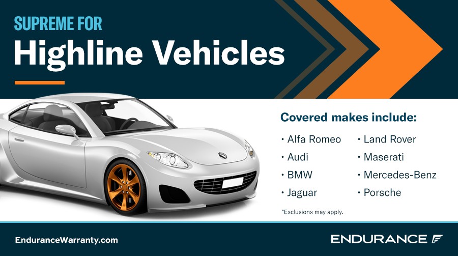 Chart listing makes of vehicles eligible for Endurance Highline coverage