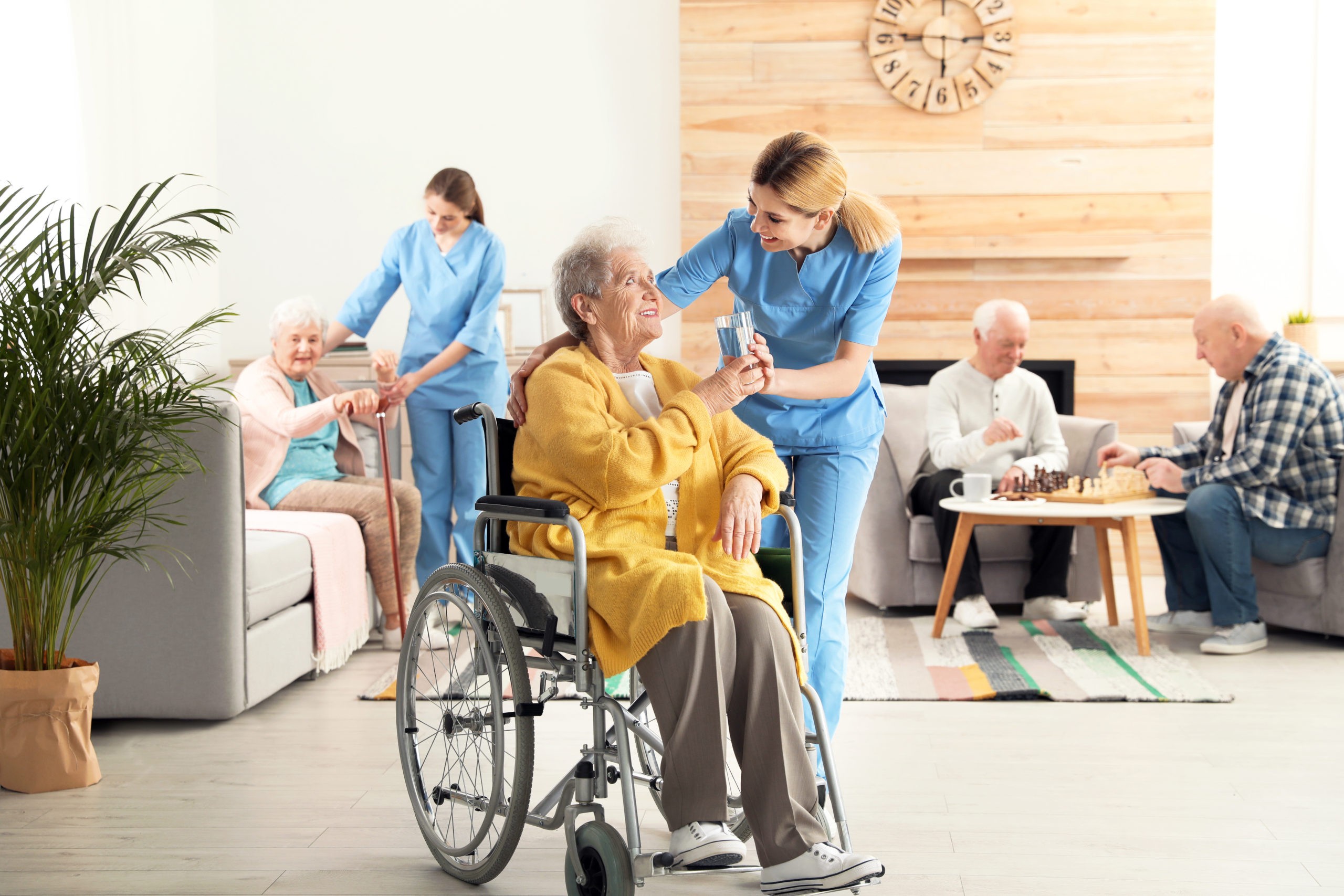 Nurse Giving Glass Of Water To Elderly Woman In Wheelchair At Retirement Home. A compassionate nurse aids a senior woman in a wheelchair at a retirement home, illustrating aged care assessment program policy in practice.