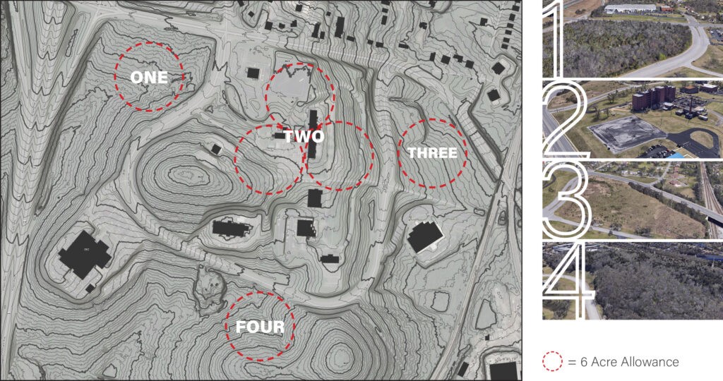 Site analysis diagram for R.S. Gass Central Laboratory relocation project, showcasing topography and site features as part of A2H program health care planning for Tennessee