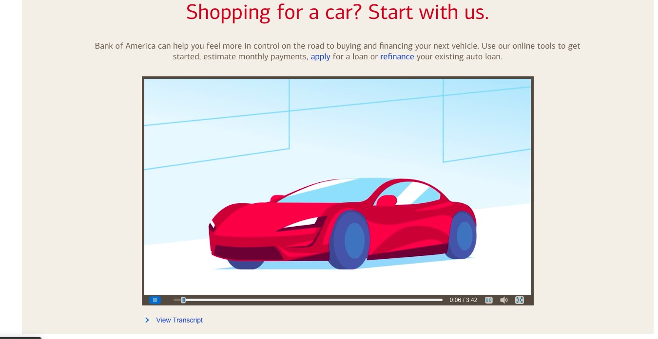 Bank of America auto loan ad featuring a car resembling the Tesla Roadster