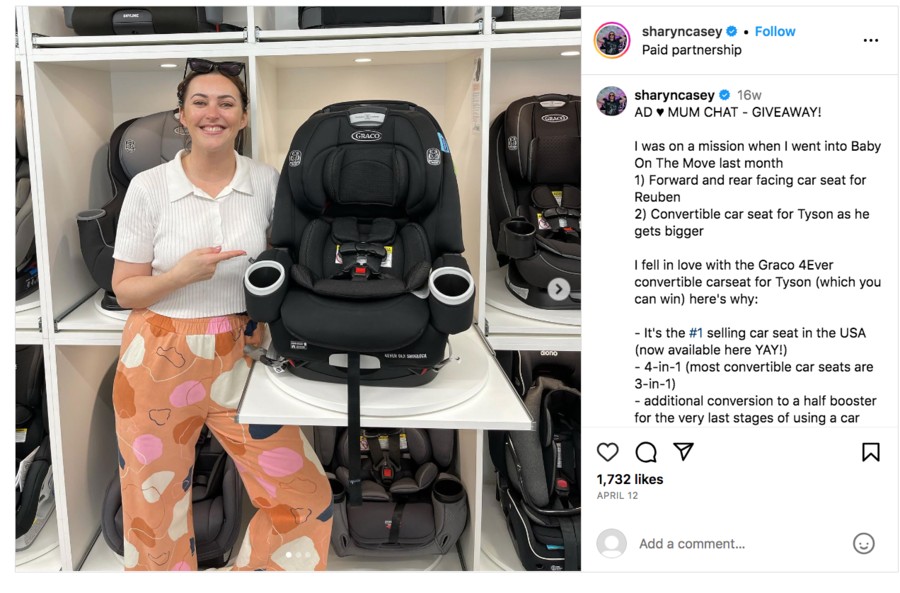 Original Instagram post featuring a Graco car seat giveaway, which was manipulated to create the fake $1 car seat scam advertisement.