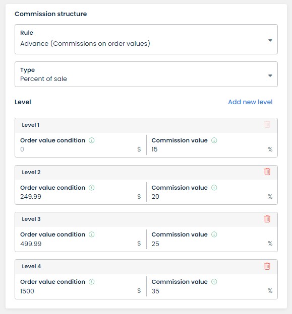 UpPromote commission structure setup screenshot