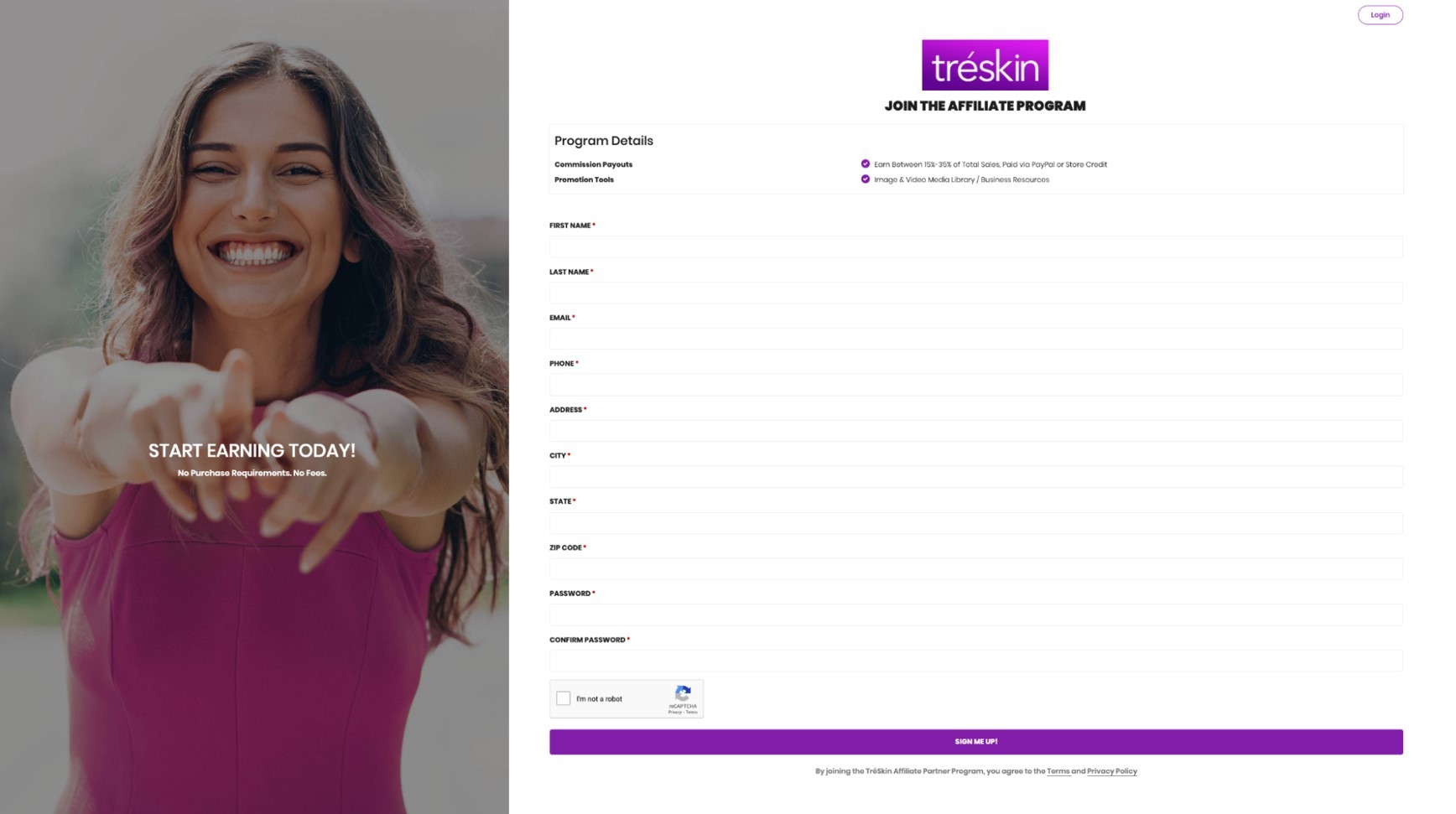 Tréskin affiliate registration form example