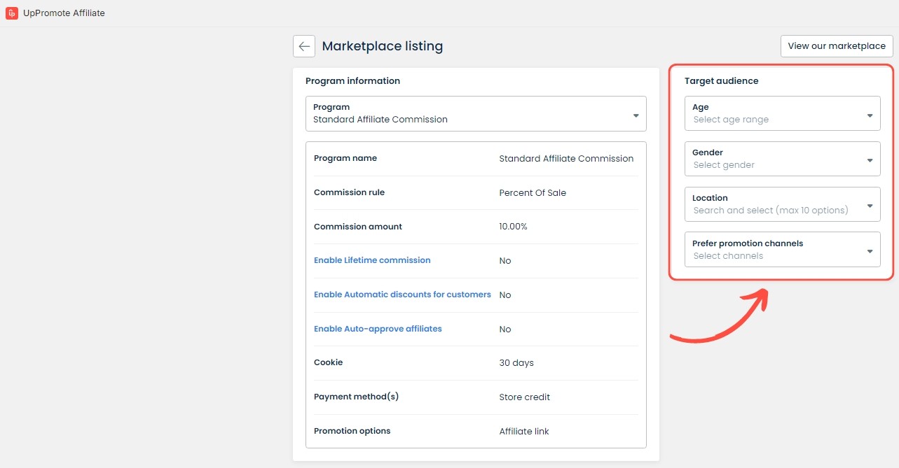 UpPromote marketplace listing setup screenshot